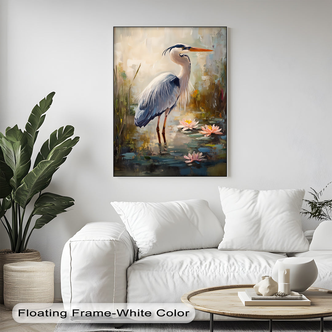 Graceful Heron Among Lilies – Serene Wildlife Canvas Print