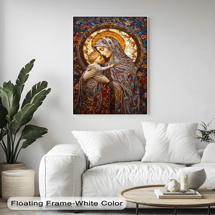 Plush white cushions on a soft sofa are illuminated next to a vibrant Stained Glass Madonna framed canvas wall art.