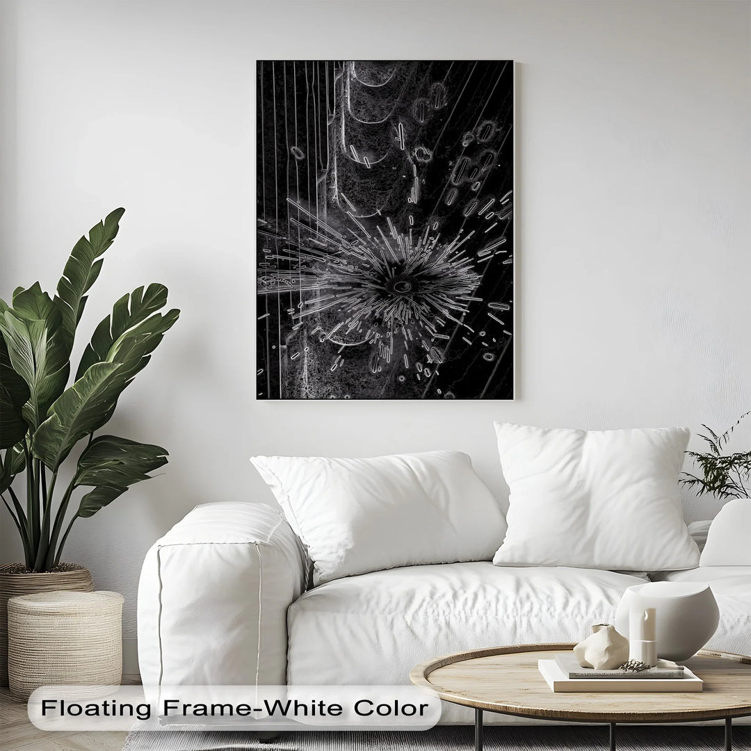Sharp lines and neon effects burst through this dramatic photo canvas design.

