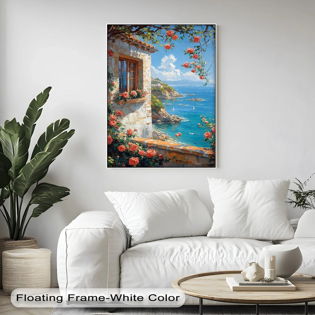 Seaside Roses View – Mediterranean Coast Window Canvas Print - MyPhotoStation