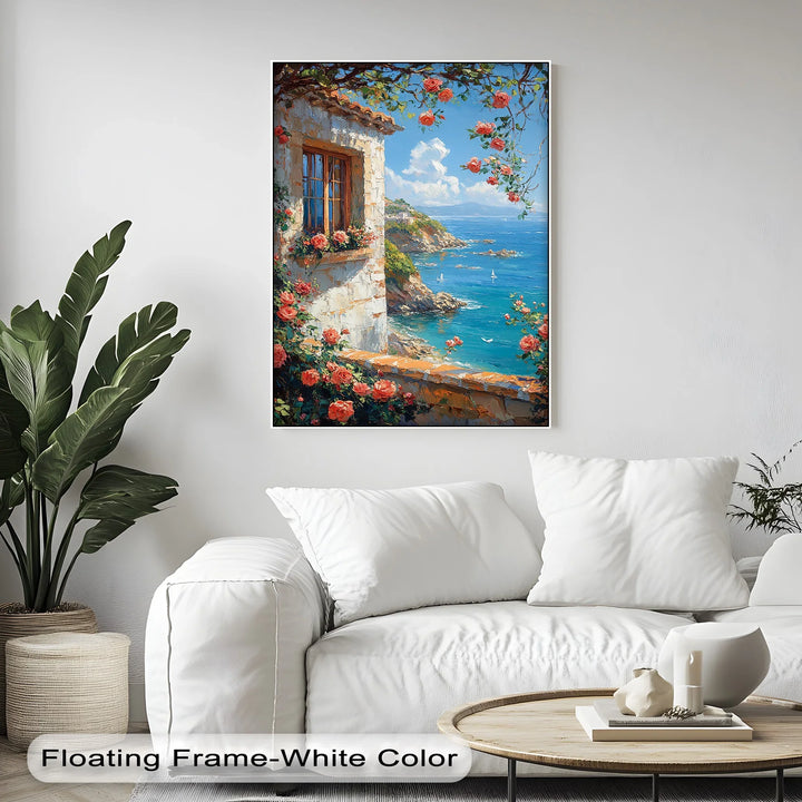 Seaside Roses View – Mediterranean Coast Window Canvas Print - MyPhotoStation