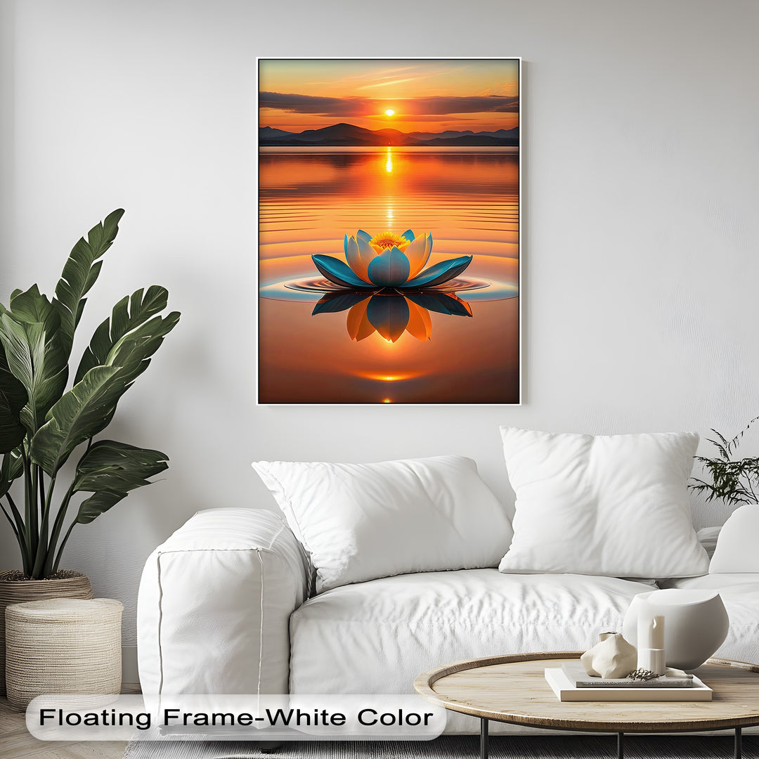 The glowing blue and yellow lotus flower, a serene focal point, floats on tranquil water reflecting the golden sunset in this framed canvas.
