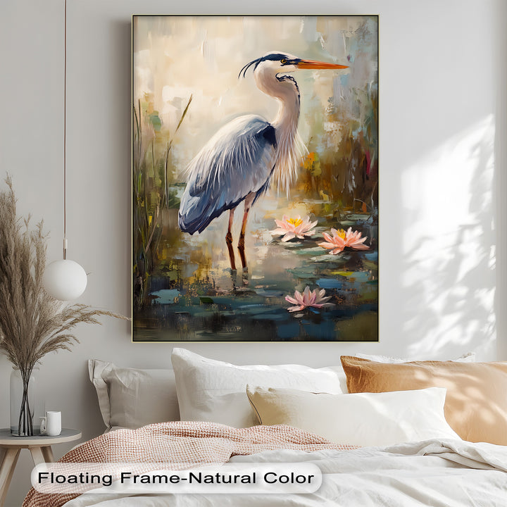 Graceful Heron Among Lilies – Serene Wildlife Canvas Print