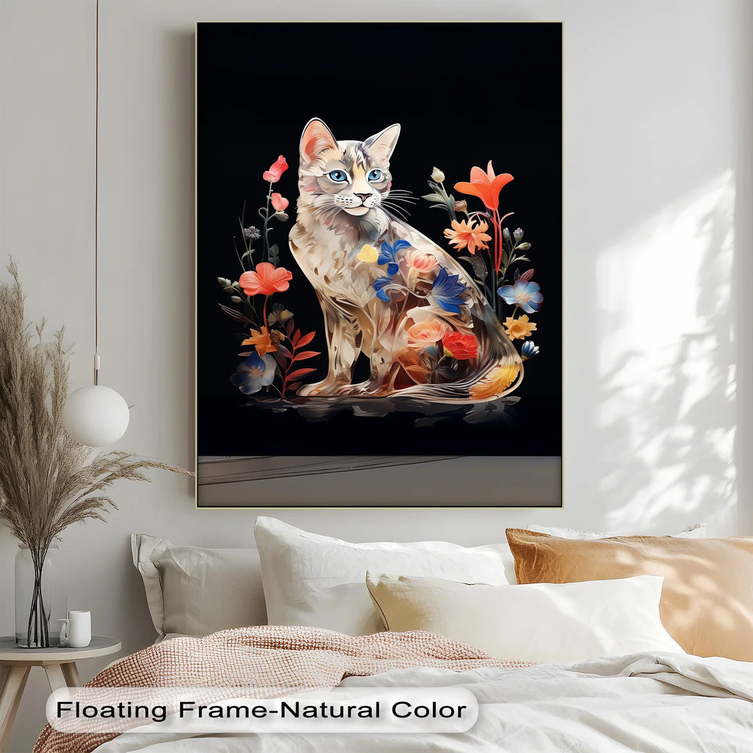 Botanical Gaze – Floral Patterned Cat with Blue Eyes Cat Canvas Print - MyPhotoStation