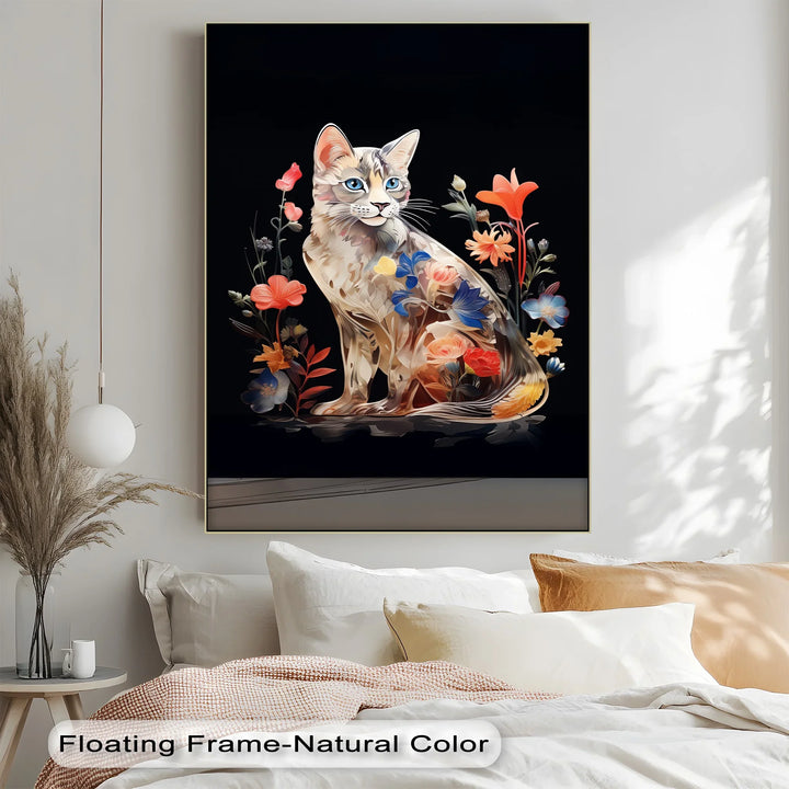 Botanical Gaze – Floral Patterned Cat with Blue Eyes Cat Canvas Print - MyPhotoStation