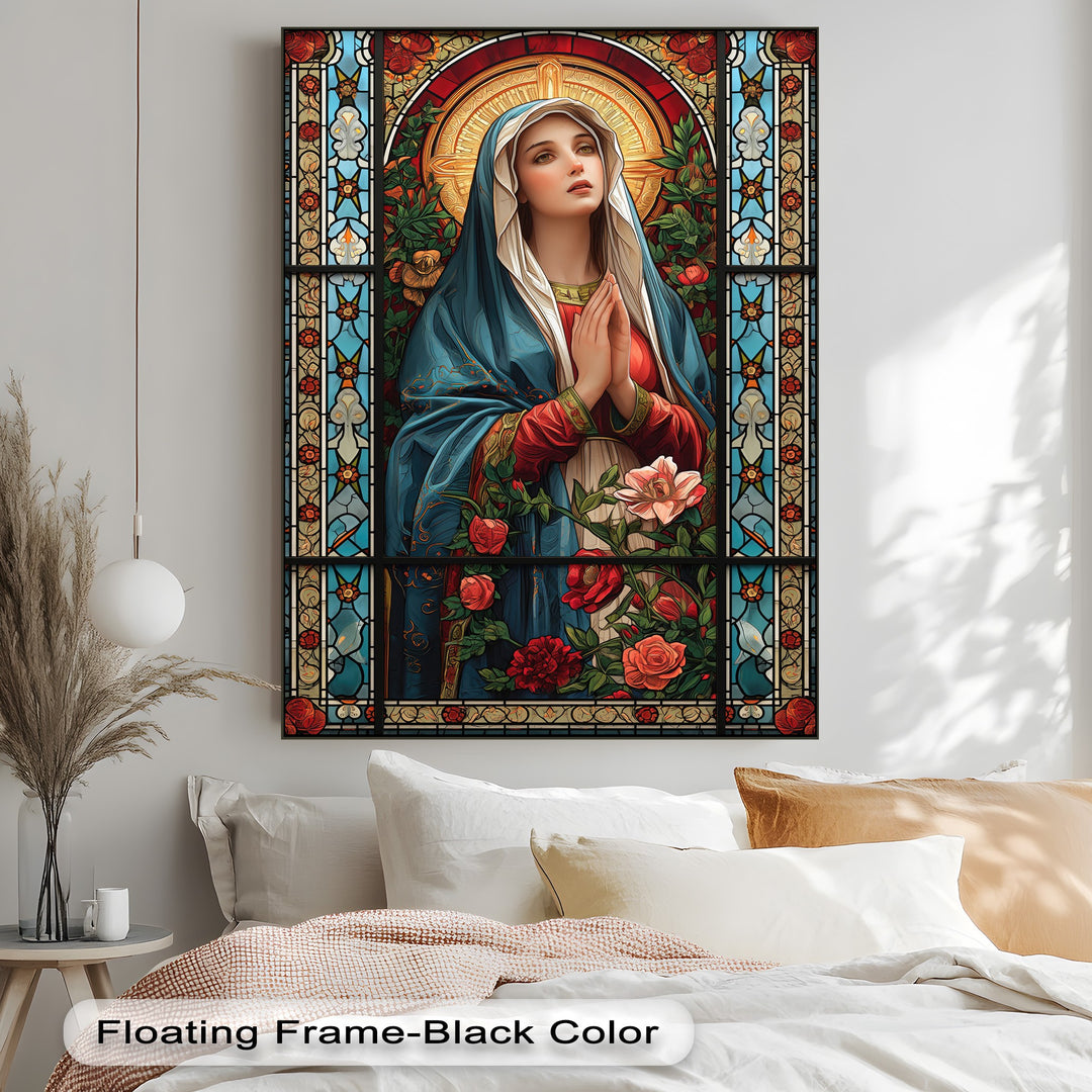 A clean, bright bedroom background features a best canvas prints of Stained Glass Mary religious floral wall art hanging above soft, neutral bedding.