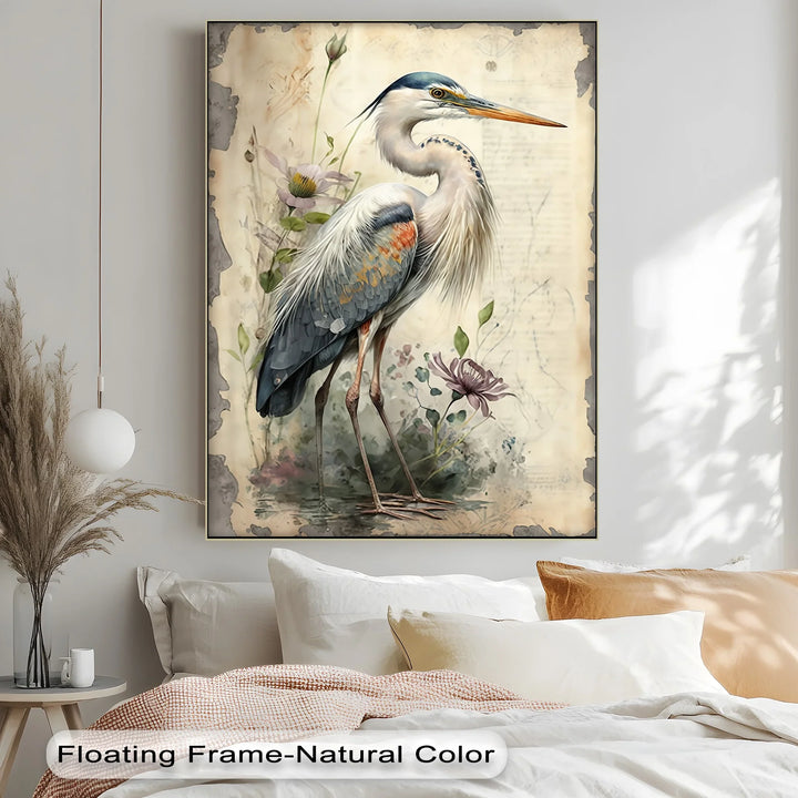 Graceful Heron Amid Wildflowers – Vintage Nature Canvas Print - MyPhotoStation