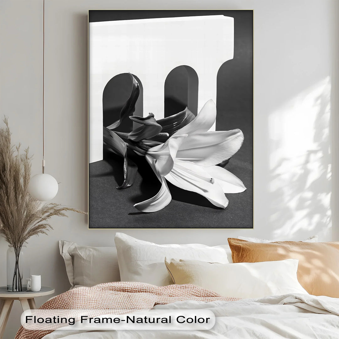 Enhance your space with this refined canvas painting of floral grace and architectural symmetry.

