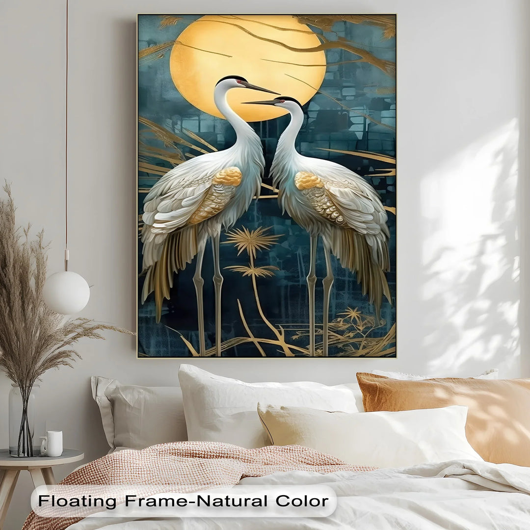 Moonlit Elegance – Golden Cranes Under Full Moon Canvas Print - MyPhotoStation
