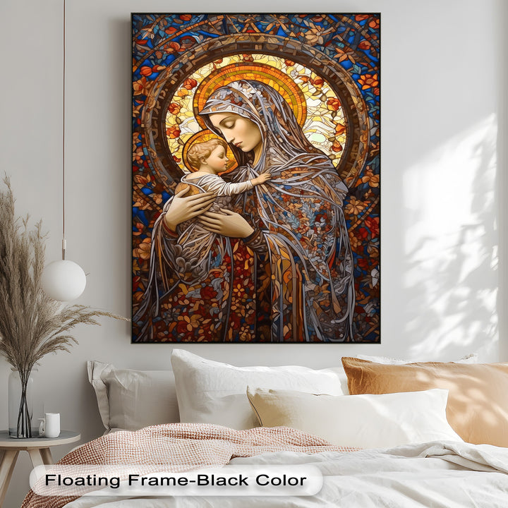 Plush bedding and a side table with pampas grass in the foreground, complementing the Stained Glass Madonna canvas wall decor.