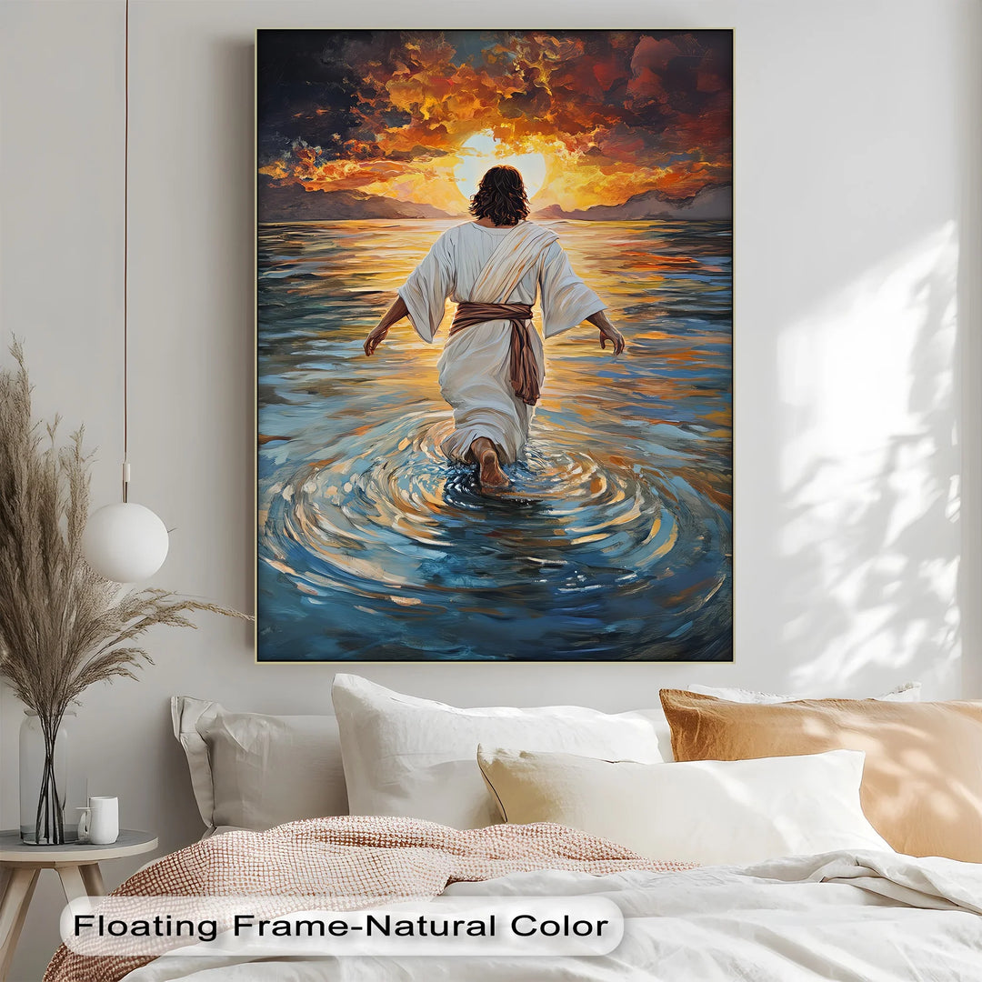 This vivid photo canvas captures a moment of spiritual strength as Christ walks upon the sea.


