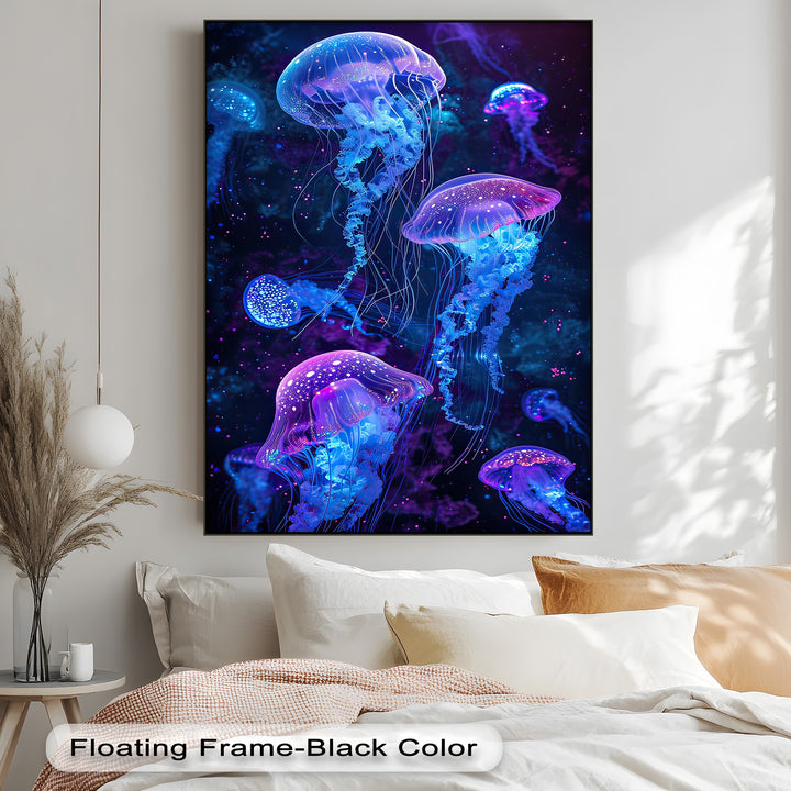 Organic forms of vibrant, bioluminescent jellyfish in blue and purple hues create a stunning glowing ocean premium canvas decor wall art.