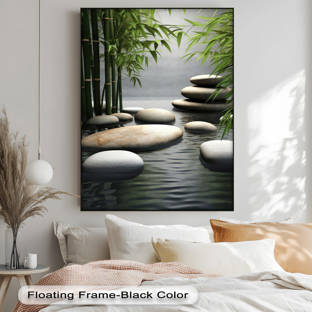 Plush pillows and a cozy blanket create a serene foundation beneath the Bamboo Zen canvas wall art, offering tranquil nature spa decor.
