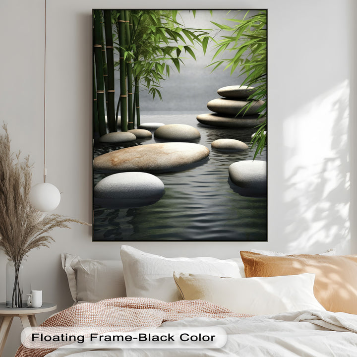 Plush pillows and a cozy blanket create a serene foundation beneath the Bamboo Zen canvas wall art, offering tranquil nature spa decor.
