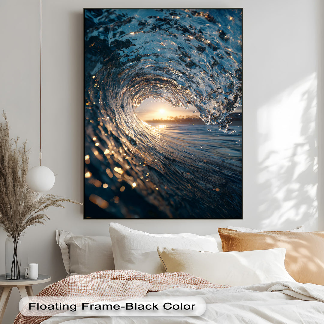 The dramatic curl of the ocean wave creates a luminous negative space, framing the fiery sunset within this captivating canvas artwork.