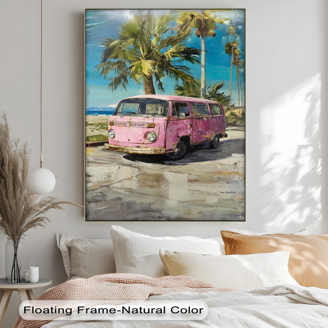 Pink Paradise Ride – Vintage Van by the Beach Canvas Print