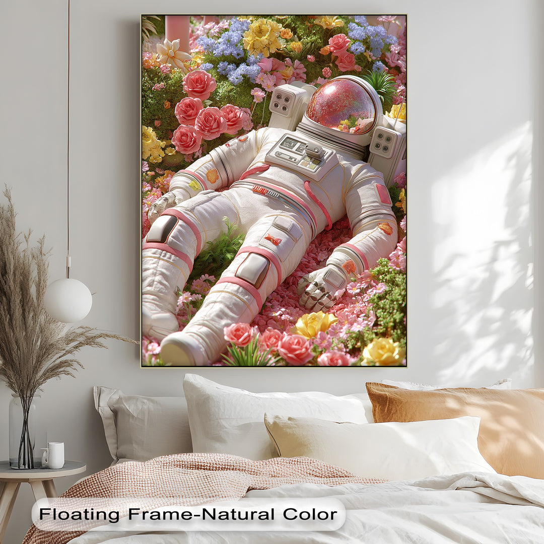 Astronaut Resting in a Garden of Flowers - Pink Canvas Print