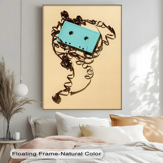 Bright turquoise hanging canvas demands attention, enveloping a disheveled cassette tape in this retro cassette tape wall art print.