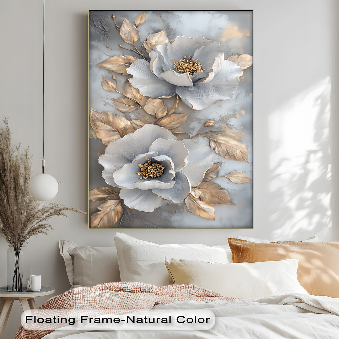 Metallic Petal Elegance – Gold and Silver Floral Canvas Print