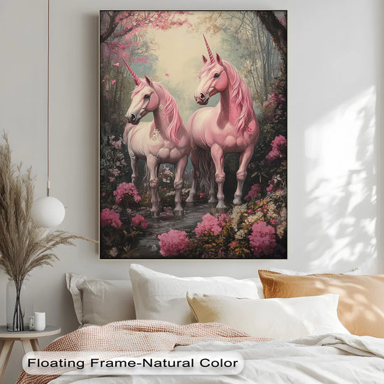 Blooming hydrangeas and a softly painted forest form the whimsical background for this animal canvas print, making it a charming framed canvas piece.