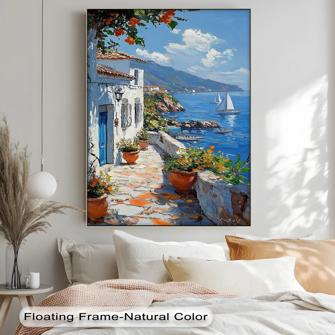 Mediterranean Stroll – Seaside Village Path with Blue Door Canvas Print - MyPhotoStation