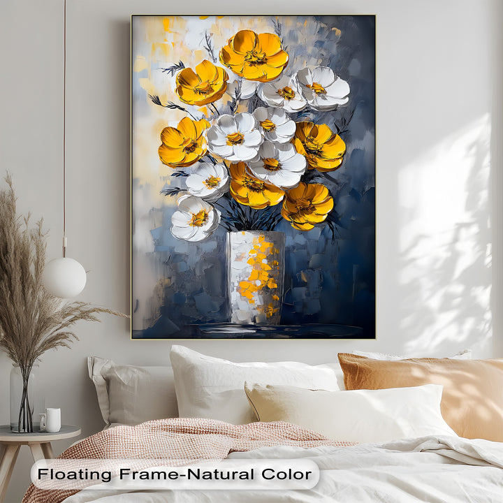 Sunlit Elegance – Yellow and White Poppies in Vase Canvas Print