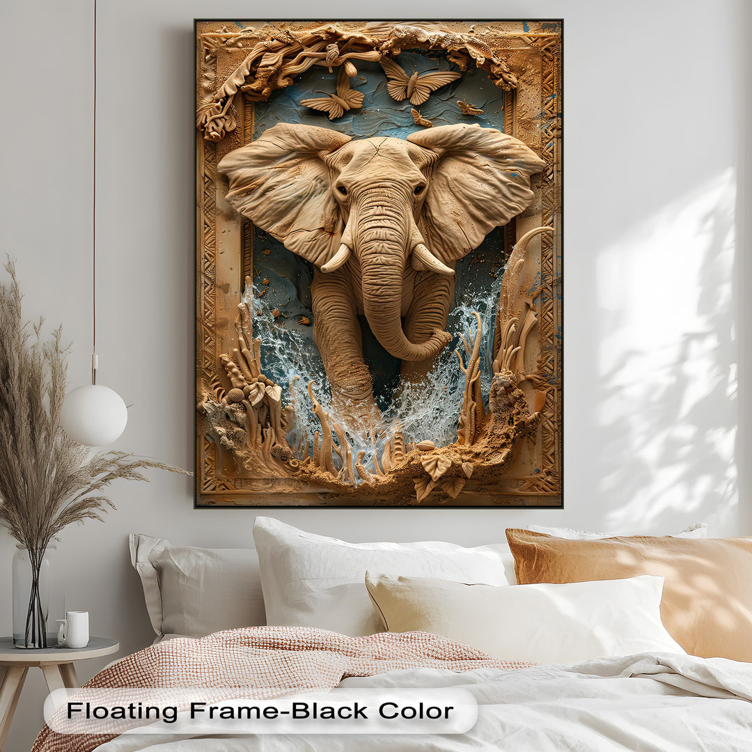 Expansive light gray wall negative space surrounds the Majestic Elephant canvas painting, highlighting its safari nature art above a minimalist white bed.