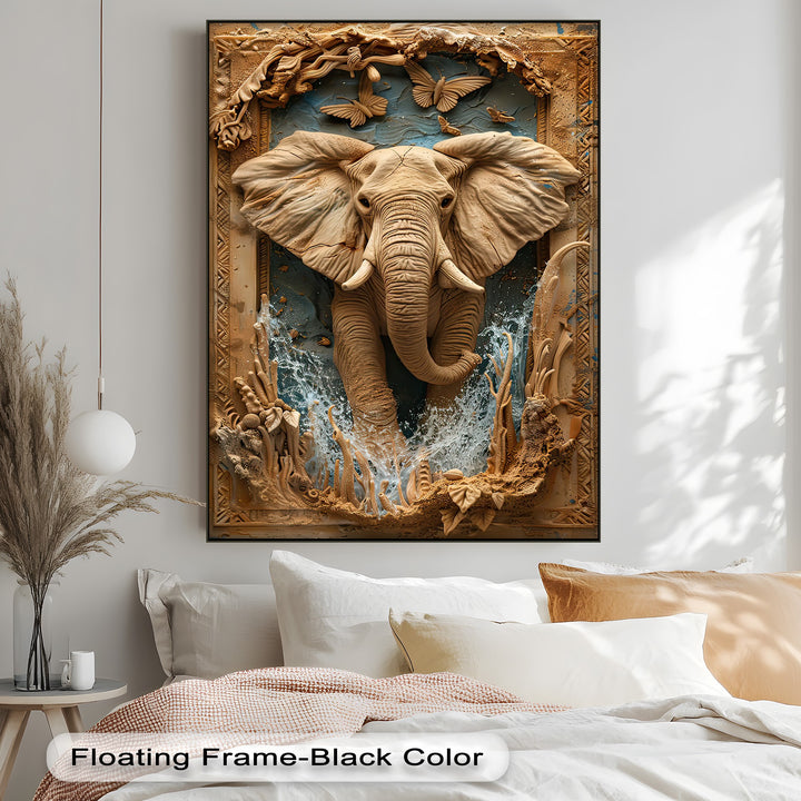 Expansive light gray wall negative space surrounds the Majestic Elephant canvas painting, highlighting its safari nature art above a minimalist white bed.