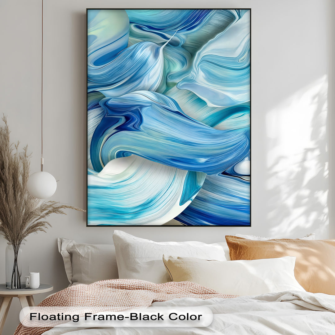 Visual rhythm emanates from this canvas wall decor, showcasing abstract ocean wave wall art with swirling azure, turquoise, and white flowing forms.