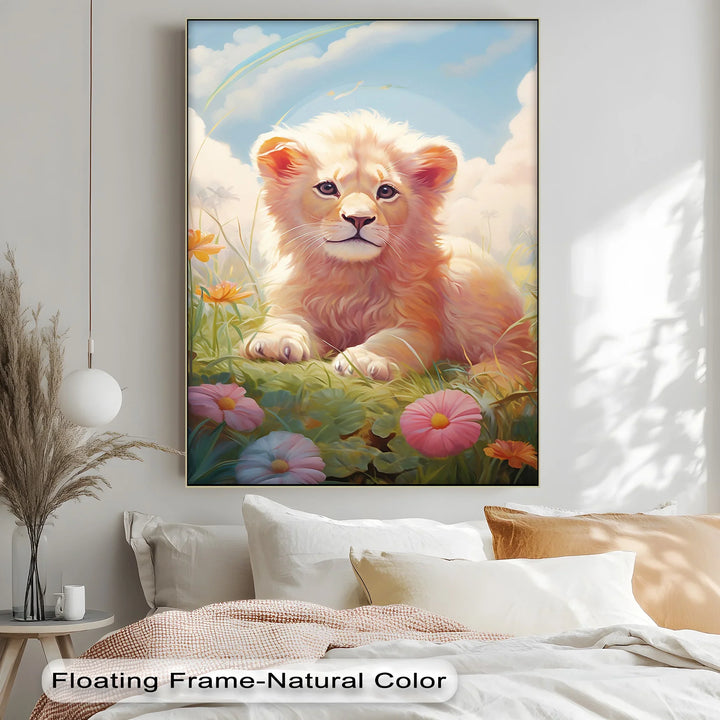 Innocent Majesty – Baby Lion Cub in Blooming Field Animal Canvas Print - MyPhotoStation