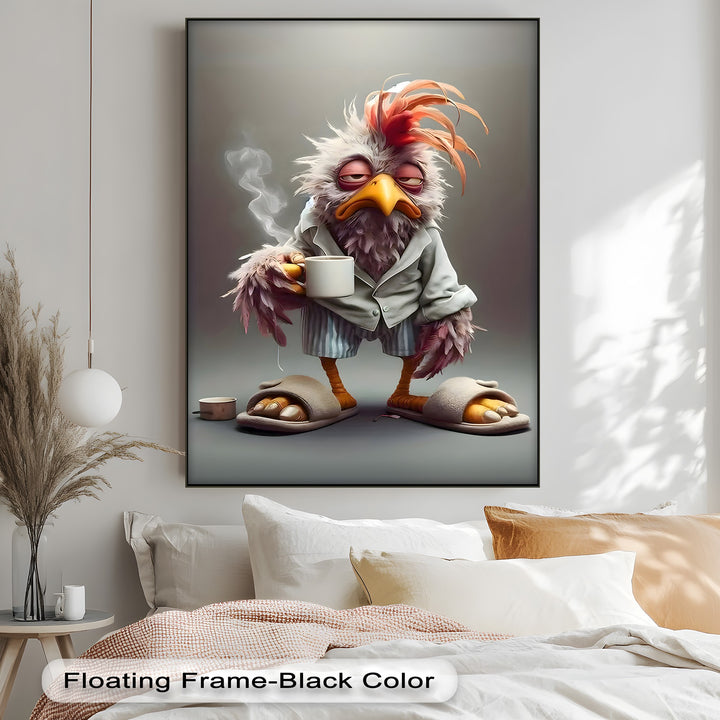 The generous negative space of a muted gray wall highlights the 'Morning Grump Bird' canvas pictures, creating a calm backdrop for this funny coffee wall art.