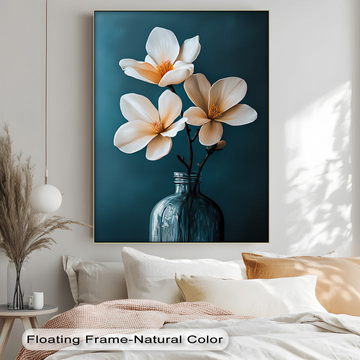 White Magnolia Trio in Teal – Elegant Floral Canvas Prints