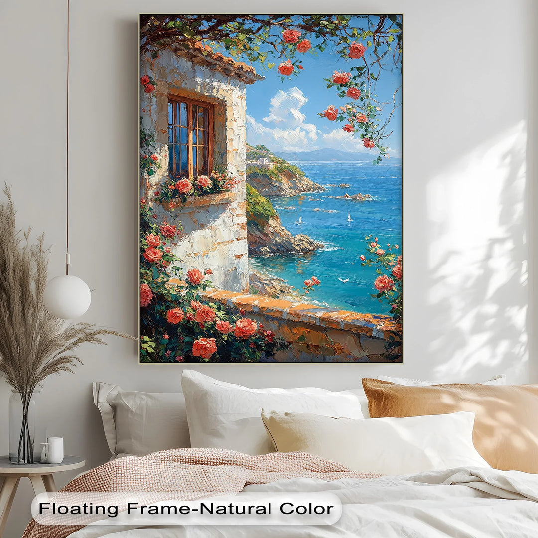 Seaside Roses View – Mediterranean Coast Window Canvas Print - MyPhotoStation