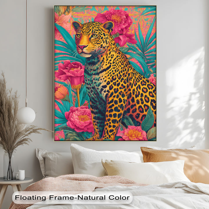 Regal Jungle Majesty – Vibrant Leopard in Floral Canvas Print