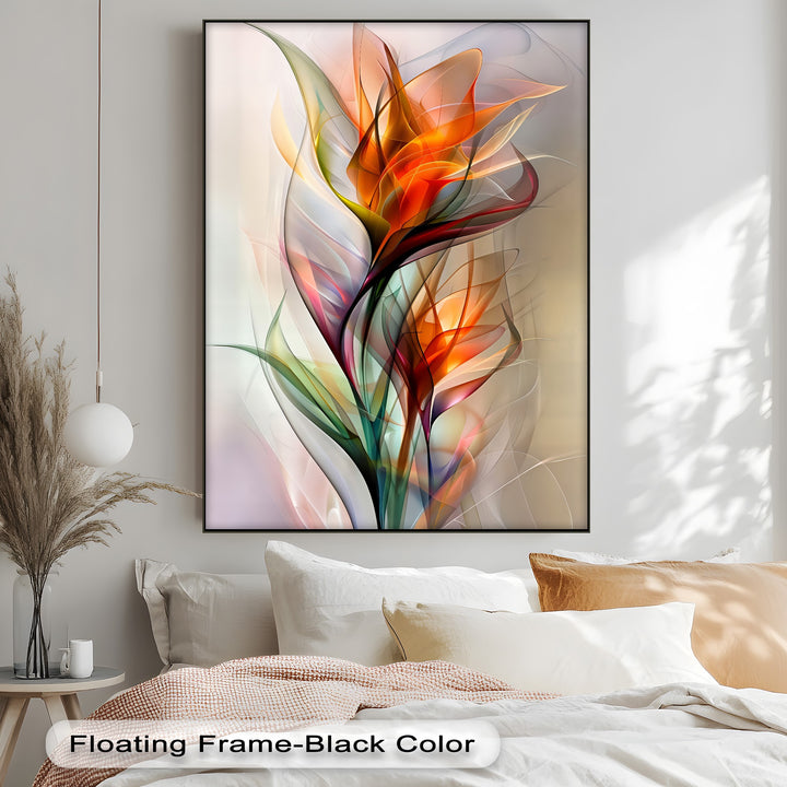 Light and shadow accentuate the vivid, translucent forms of the abstract floral hanging canvas, a striking modern orange botanical wall art piece.