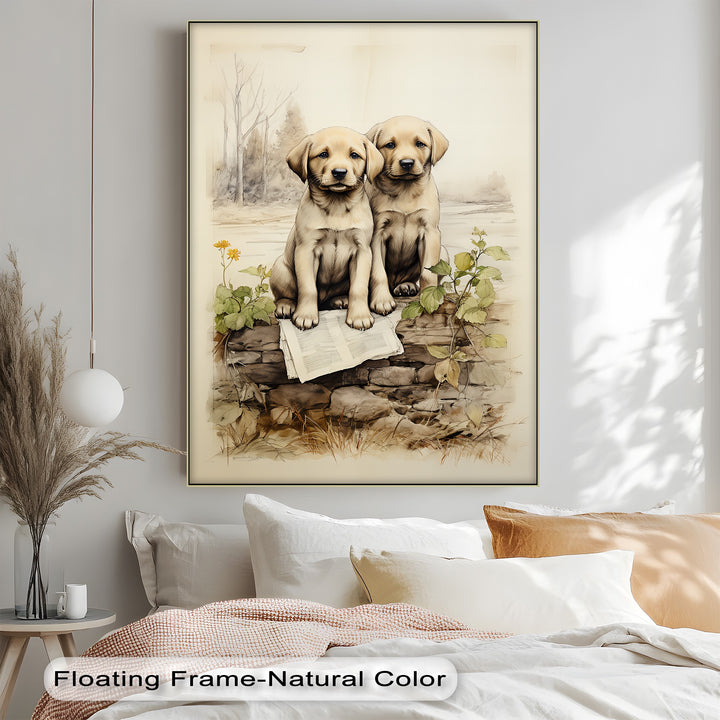 Stone Wall Puppies – Vintage Nature Scene Puppies Canvas Print