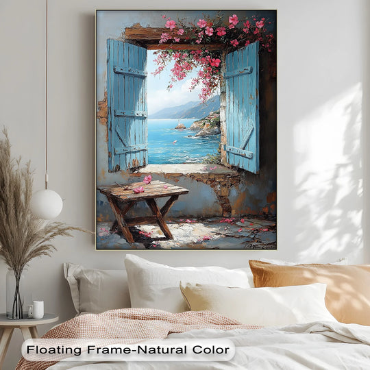 Depth is captured in this canvas art of a rustic Mediterranean window scene, where turquoise shutters frame a distant seascape, creating compelling layers within the design.