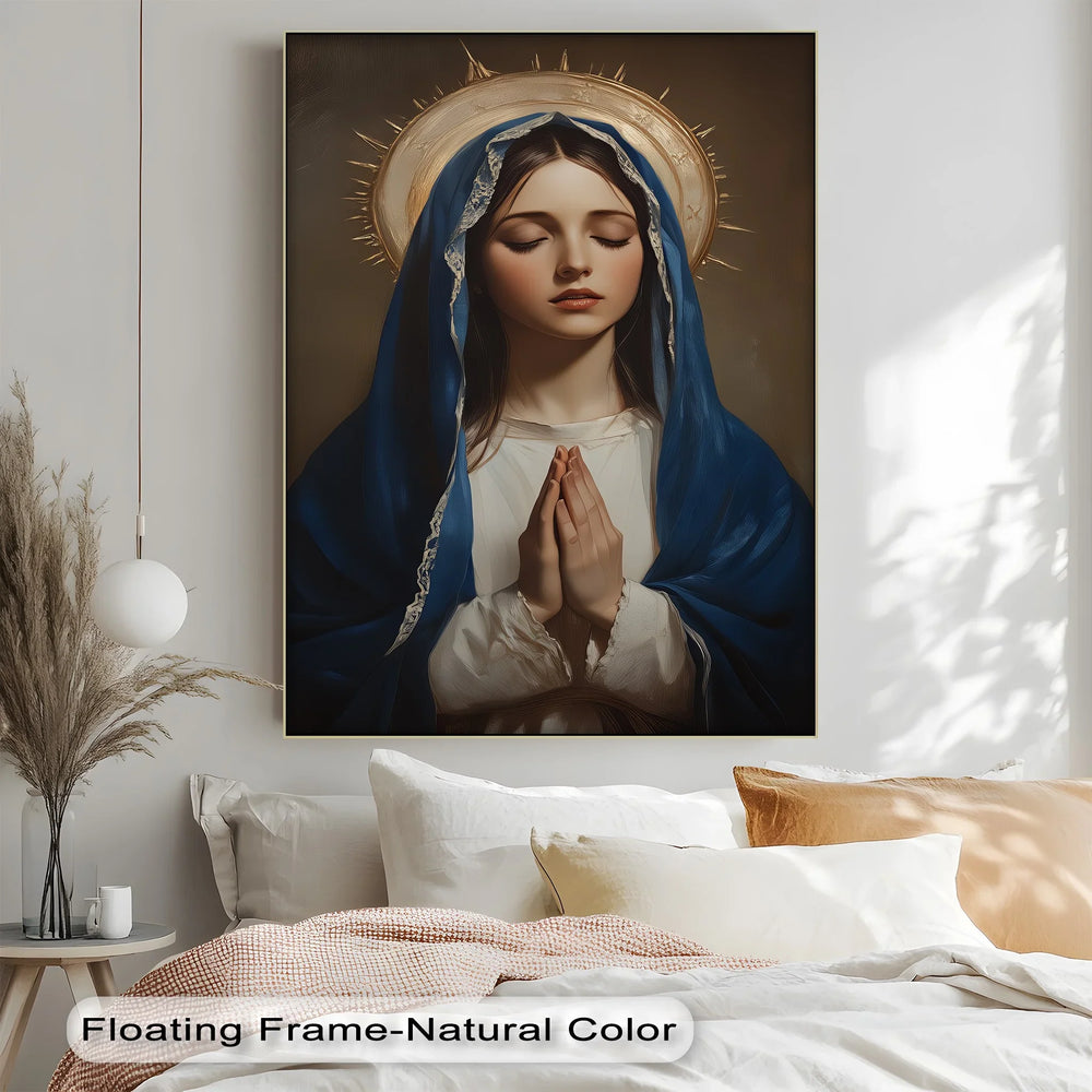 This elegant canvas print captures the beauty and purity of Mary, crowned in divine light.

