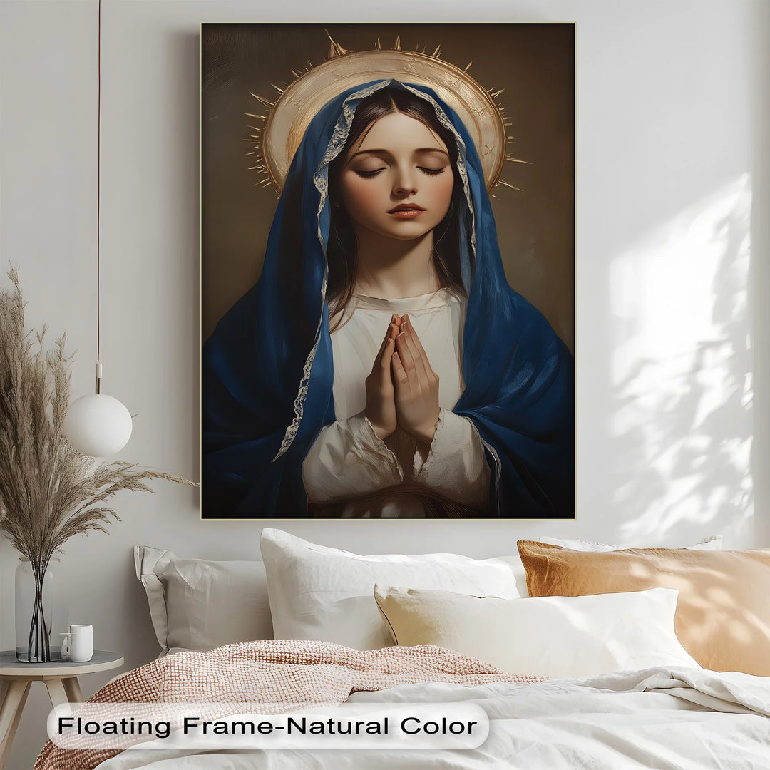 This elegant canvas print captures the beauty and purity of Mary, crowned in divine light.

