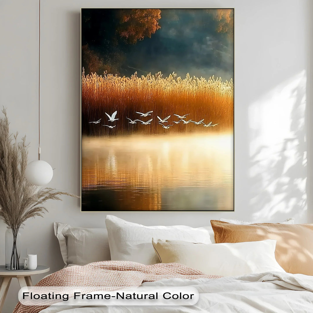 Golden Flight – Tranquil Birds at Sunset Canvas Print - MyPhotoStation
