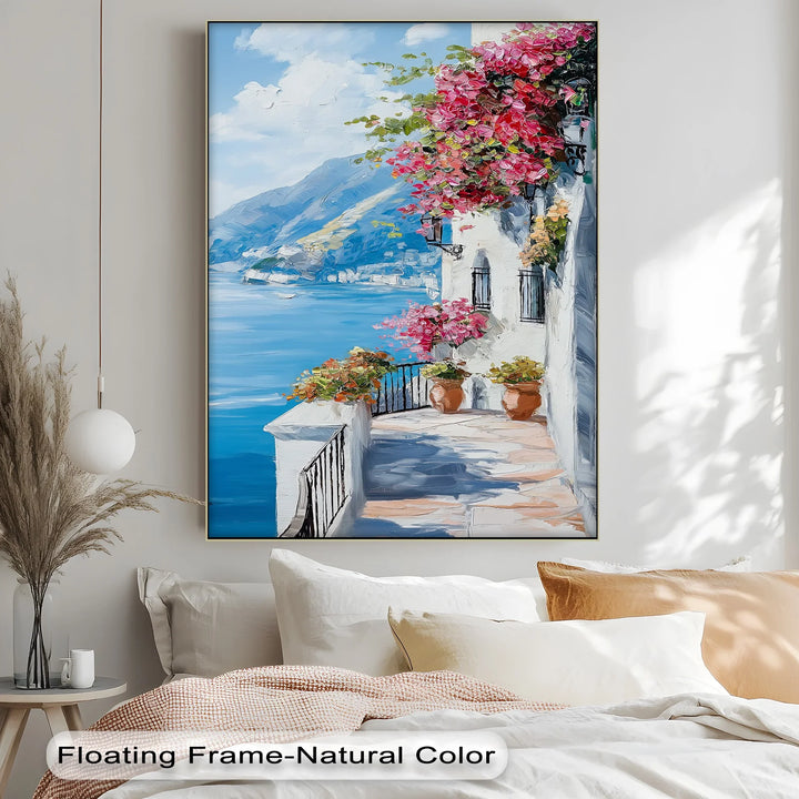 Sunlit Balcony by the Amalfi – Seaside Floral Canvas Print