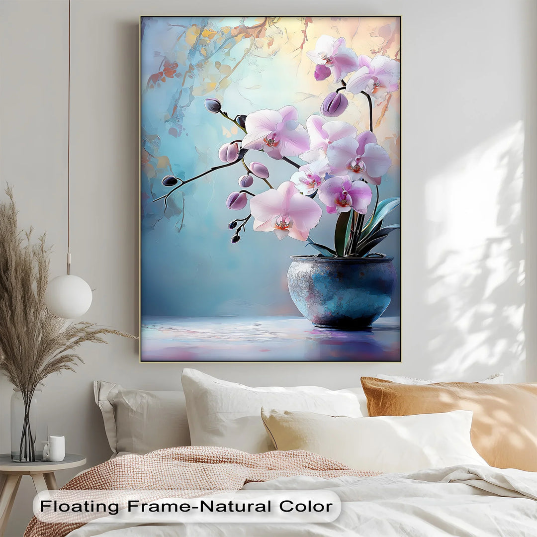 Orchid Elegance – floral canvas print with pastel background and potted orchids.

