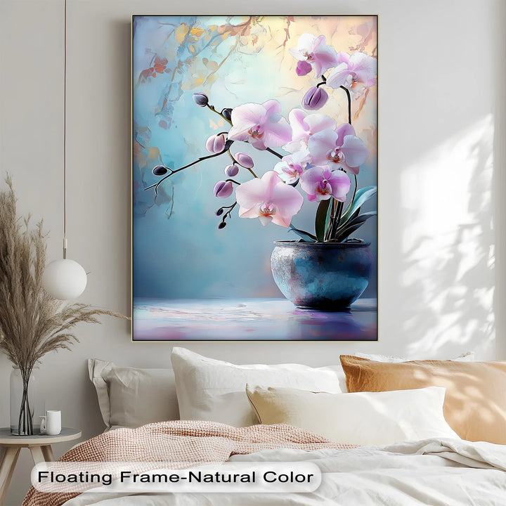 Orchid Elegance – floral canvas print with pastel background and potted orchids.

