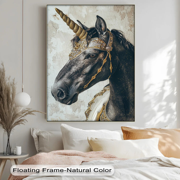Regal Black Unicorn with Golden Armor – Fantasy Animal Canvas Print - MyPhotoStation