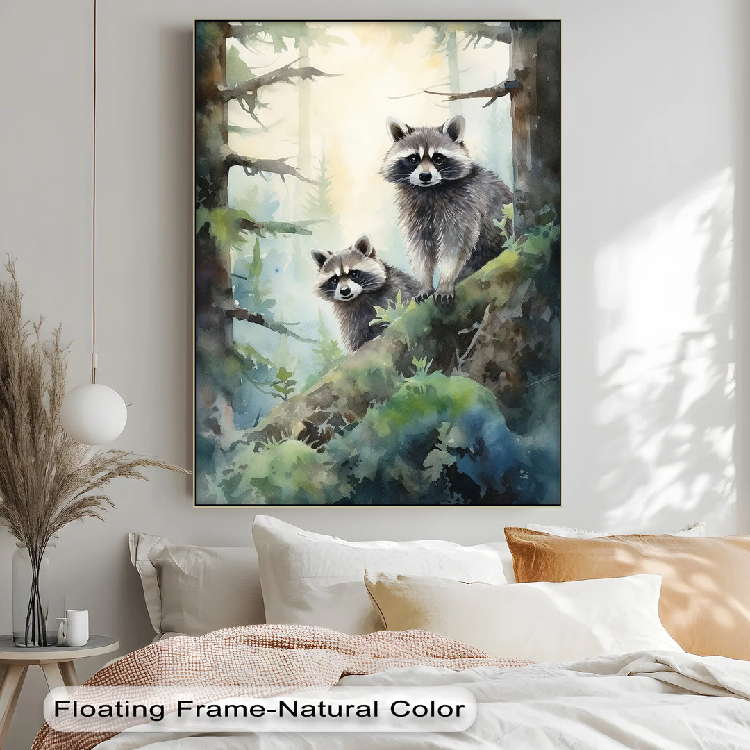 Curious Companions – Raccoons in Forest Animal Canvas Print - MyPhotoStation