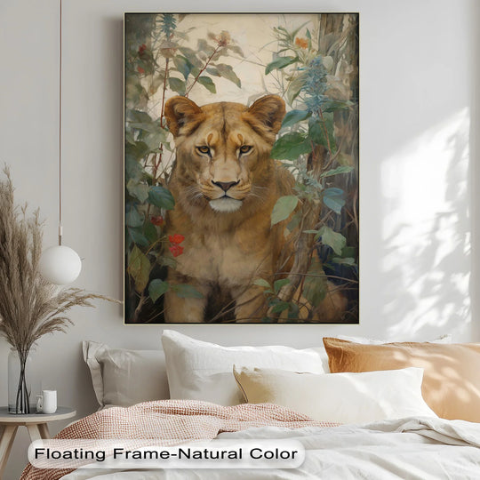 Capturing the abstract quality, this animal canvas artwork presents a painterly lioness amidst swirling foliage, blurring the lines between wildlife portraiture and botanical abstraction.