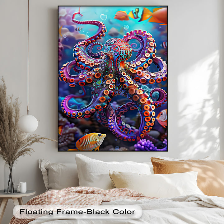 Vibrant, intricately patterned octopus with a kaleidoscope of colors is the main subject on this high quality canvas prints.