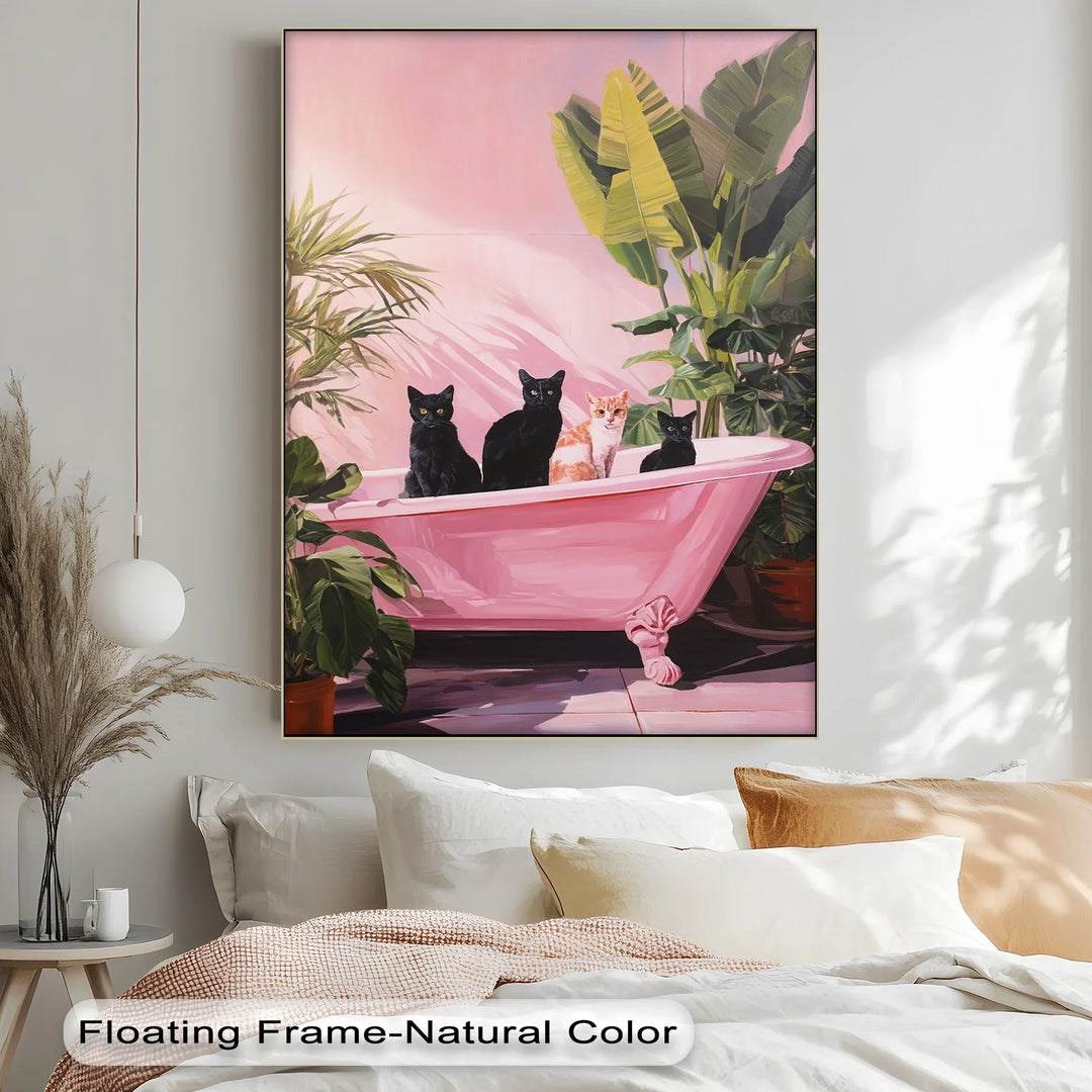 Four Cats in a Pink Bathtub – Playful Botanical Canvas Print - MyPhotoStation