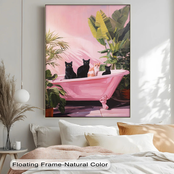 Four Cats in a Pink Bathtub – Playful Botanical Canvas Print - MyPhotoStation