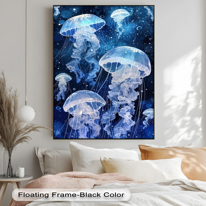 Textured canvas art reveals luminous jellyfish floating within a deep blue ocean, creating a captivating blue ocean wall art experience.